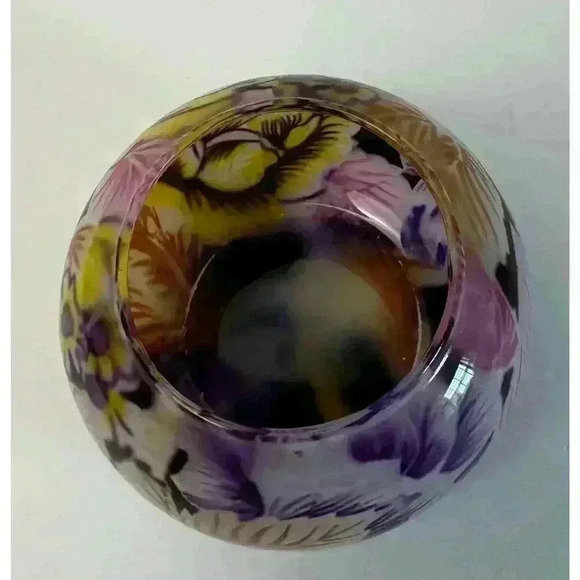 Glass Floral Design Art Glass Votive Candle Holder Purple Yellow Vivid Florals - Picture 6 of 8